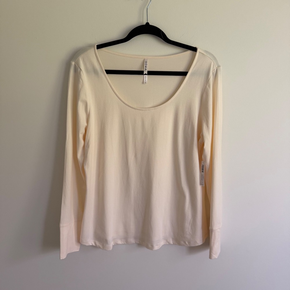 Soma Embraceable Long Sleeve Top Champagne Dreams Cream Scoop Neck Womens Medium